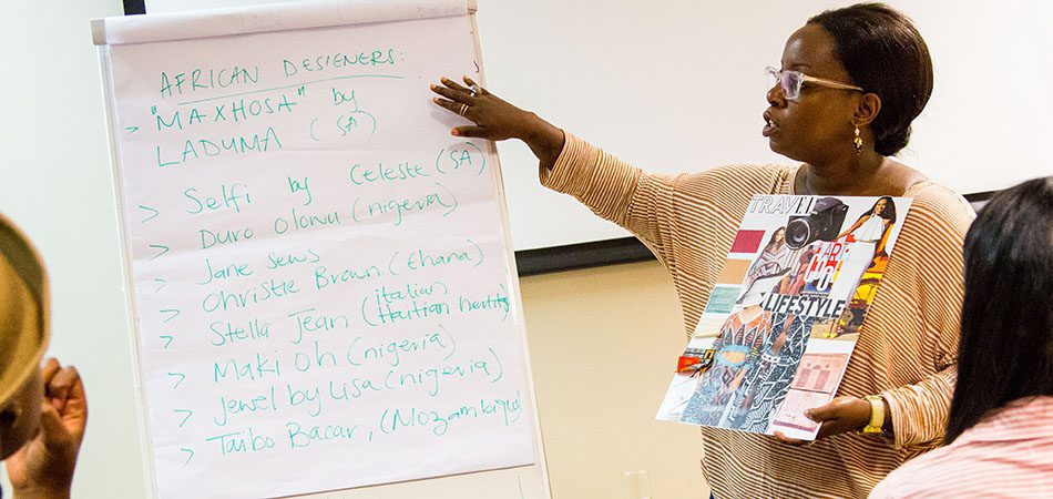 Fashion designer and MRP Foundation Ambassador, Anisa Mpungwe, teaches Jump Start pre-production students to embrace their African design heritage and how to succeed in the workplace.